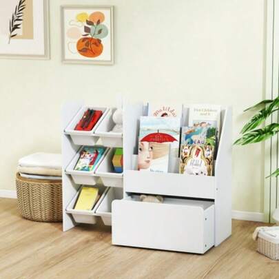 Toy Shelf, Children's Room Shelf With 6 Containers, Book Shelf, Rolling Box, 100 X 30 X 80 Cm, MDF, Steel, White