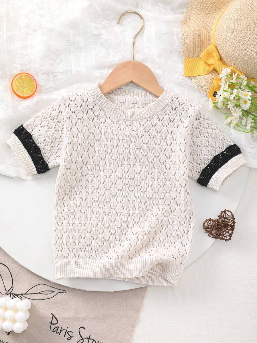 女童夏季针织圆领镂空设计休闲T恤 - 米色 - 查看 1