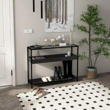 Console Table With 2 Shelves, Hallway Table With Glass Top, Shoe Rack, Steel, Black, 100x30x78 Cm - Black - View 1