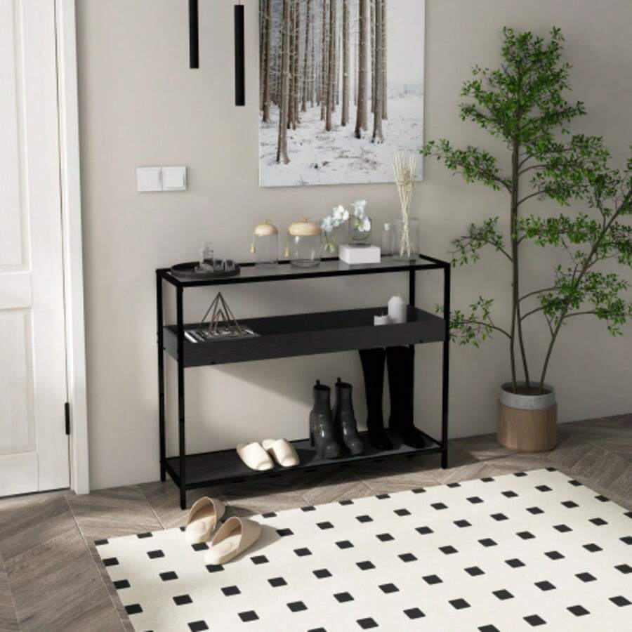 Console Table With 2 Shelves, Hallway Table With Glass Top, Shoe Rack, Steel, Black, 100x30x78 Cm - Black - View 1