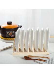 8 Grid Capacity Tableware Rack, Wooden Drainage Board, Dry Drainage Device, Storage Rack, Vertical Cabinet Tableware/Plates/Bowls/Cup Organizer - Apricot - View 10