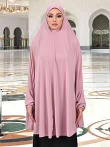 1pc Muslim Women Hijab With Sleeve Covers, Solid Color Crystal Linen Simple Long Khimar, Fashion Versatile Pullover Headscarf, Suitable For Outdoor Prayer, Sun Protection, Breathable For All Seasons