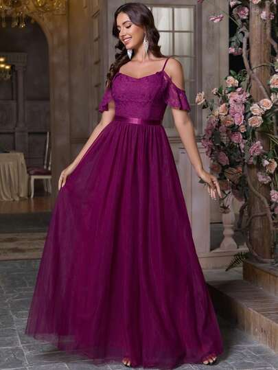 纯色派对亮片拼接拉链蕾丝拼接正式晚礼服