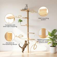 Cat Tree 206 Cm Natural Rubber Wood, 5 Levels Wall Mounted Cat Tree With Widened Base, Plush Balls, 360° Rotatable, XXL Climbing Tree For Cats, For Climbing, Scratching - Natural Wood Color - View 5
