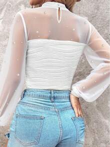 ChicMe Women's Pearl Decor High Neck Sheer Mesh Patchwork Ruffle Lantern Sleeve T-Shirt, Backless Fitted Textured Blouse, Casual Office Street Style