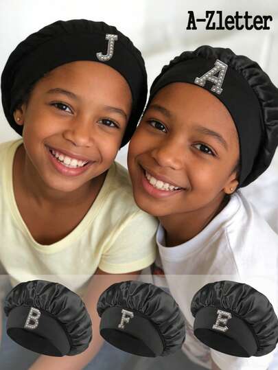1pc 26 Letter Satin Adjustable Sleep Cap, Comfortable Wrap Around Hair Sleeping Hat, Soft Headwear For Children, Home & Bathroom Decor, Summer