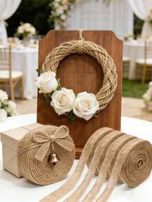 2卷天然黄麻粗麻布丝带，DIY工艺铁丝边，适用于圣诞树、礼品包装、婚礼、活动、派对、家居装饰蝴蝶结、工艺品、花环、节日装饰、礼品包装，每卷长393.7英寸，宽0.39英寸（天然色） - 彩色 - 查看 3