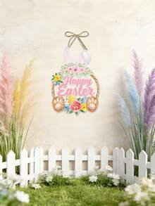 复活节兔子装饰牌，现代春季花卉兔子和彩蛋设计，农舍风格迎宾门挂装饰，无需用电，适合复活节和春季庆祝活动期间的家居装饰，复活节门廊装饰 - 彩色 - 查看 6