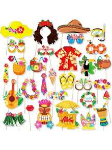 30pcs Luao Photography Studio Props Set, Hawaiian Tropical Theme For Birthday, Summer Beach Pool Decor, Party Favors And Forest Theme Party Decorations, Beach Pool Birthday Party Decorations, Photo Booth Props - Multicolor - View 1