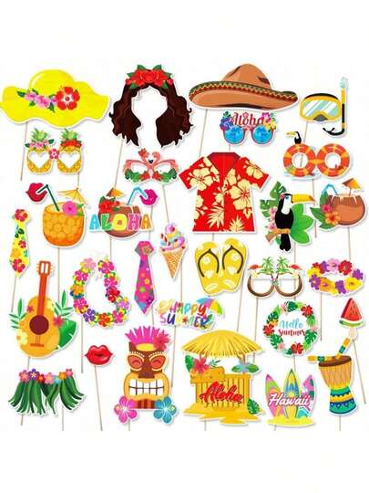 30pcs Luao Photography Studio Props Set, Hawaiian Tropical Theme For Birthday, Summer Beach Pool Decor, Party Favors And Forest Theme Party Decorations, Beach Pool Birthday Party Decorations, Photo Booth Props