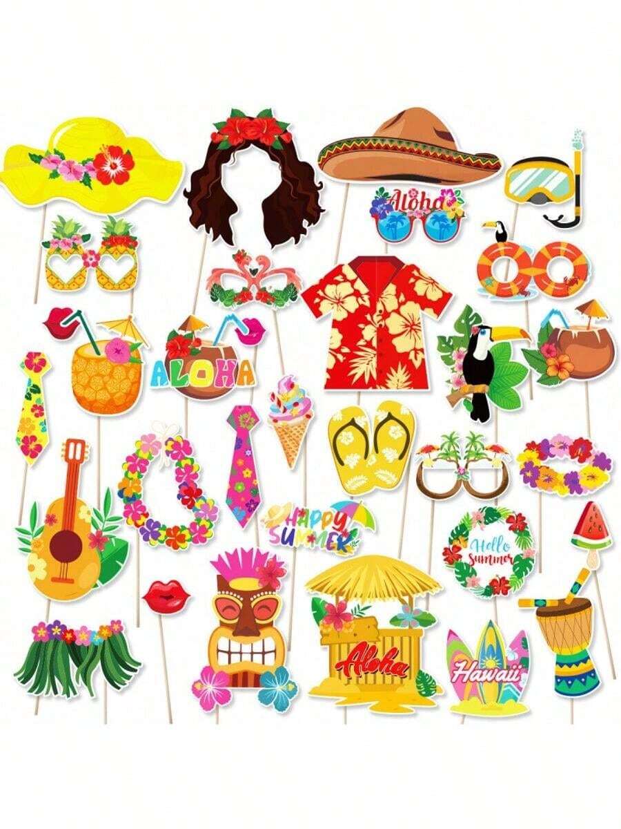 30pcs Luao Photography Studio Props Set, Hawaiian Tropical Theme For Birthday, Summer Beach Pool Decor, Party Favors And Forest Theme Party Decorations, Beach Pool Birthday Party Decorations, Photo Booth Props - Multicolor - View 1