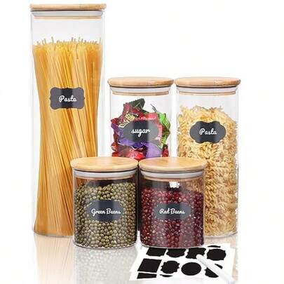 YQQ Juego de 5 Recipientes Herméticos para Almacenar sin BPA Contenedor de Vidrio con Tapa Frascos Organizadores Cocina con Etiquetas y Marcador para Congelador Cocina Encimeras Gabinetes5735