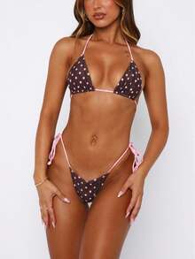Women Y2k Brazilian Sexy Polka Dot Bikini Set Halter String Triangle Tie Side Cheeky Thong 2 Piece Bathing Suit Swimwear Beach Vacation Beachwear Summer Holiday Outfits - 粉色 - 查看 4