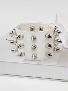 1/2PCS Unisex PU Leather Necklace And Bracelet, Spiked Chain Heart Element, Adjustable Design, Suitable All Occasions, Versatile Accessories - White - View 5