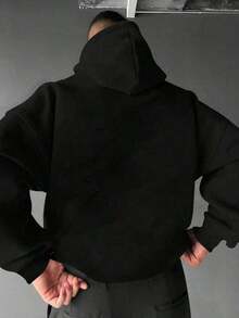 Casual Street Style Hoodie With Slogan Print And Drawstring Pocket, For Spring/Autumn - Black - View 2