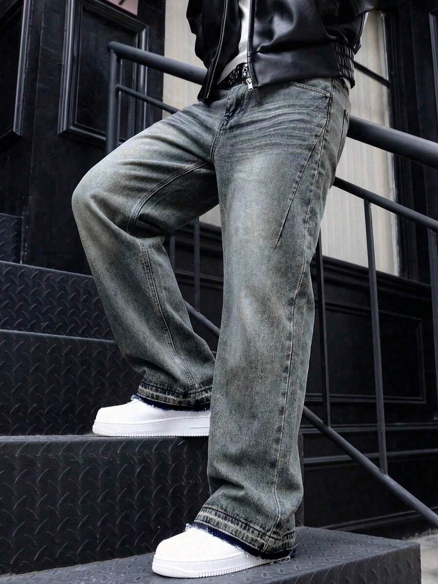 BAZR Men's Flared Jeans, Slim Fit Distressed Flare Leg Jeans, Y2K Stacked Jeans, Contrast Wash Embroidered Jeans, Suitable For All Seasons