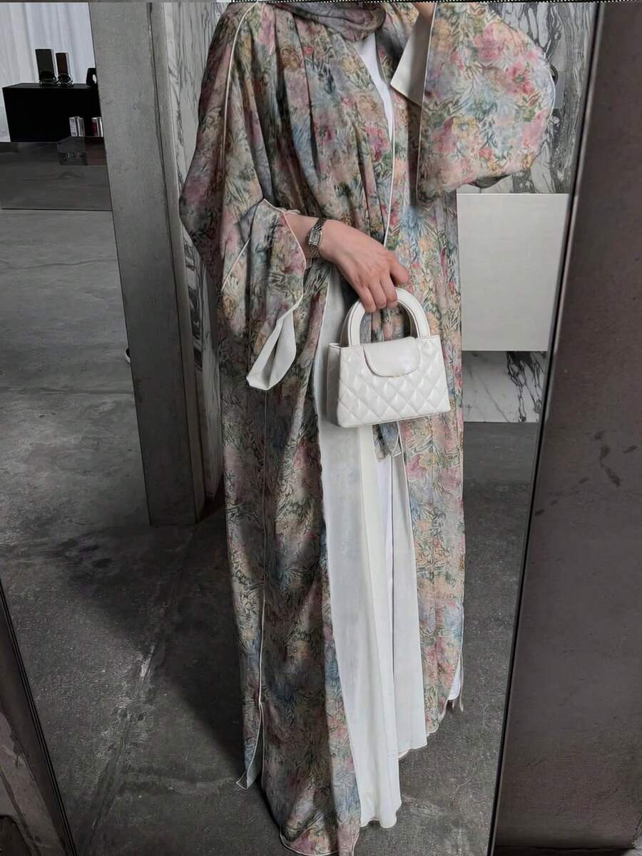 优雅传统阿拉伯时尚碎花长袖阿巴雅长袍配头巾 - 碎花 - 查看 1
