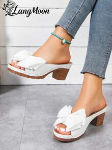 2026 New White Bow Tie Fashion Platform Mule Wedge Sandals For Women, Specially Comfortable & Versatile, Oversized Bow Tie Decor + Minimalist Fresh Design, Chunky Heel Comfy Slip-On, Solid Color Elegant Sweet, Suitable For Daily Commute/Vacation/Date And More Occasions, Stylish Choice - White - Bow - View 4