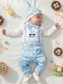 Conjunto de 3 piezas de primavera para bebés varones de Pascua, mono de manga larga con pajarita y pantalones con estampado de conejito, conjunto de gorro, ropa bonita para festivales de ocio, ideal para 0 a 18 meses. - Azul - Ver 1