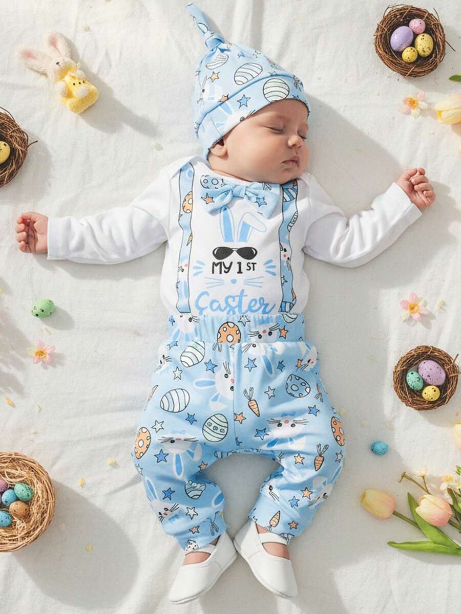 Conjunto de 3 piezas de primavera para bebés varones de Pascua, mono de manga larga con pajarita y pantalones con estampado de conejito, conjunto de gorro, ropa bonita para festivales de ocio, ideal para 0 a 18 meses. - Azul - Ver 1
