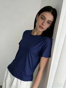 Women's Plain Blouse, Summer/Spring Style, Round Neck, With Lace, Eyelet Embroidery, Fan Shape, Ruffled Hem, Beach Style - Màu xanh hải quân - Xem 2