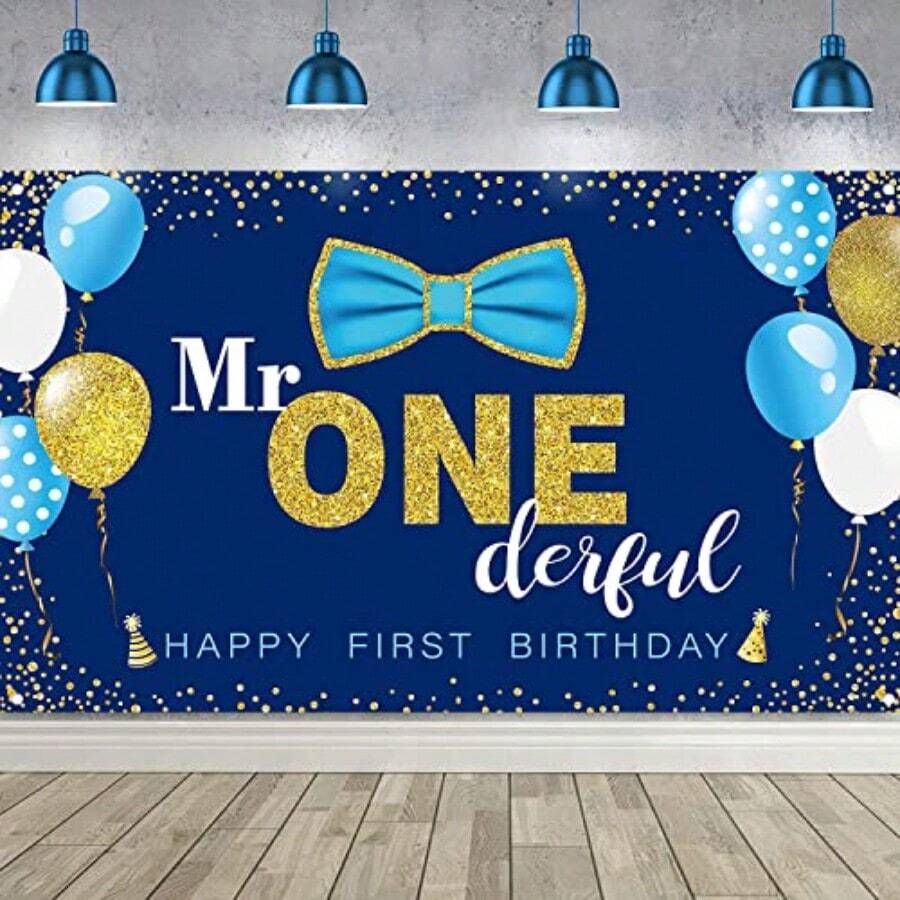 DBoys 1st Birthday Backdrop Banner Mr. Onederful Photography Background Party Ply Boy Toddler Little Man First Birthday Cake Table Decor Banner Blue - 藍色 - 查看 1