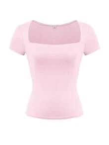 Vaiaye Women's Solid Color Knit Square Neck Sexy Slim Fit Y2K Short Sleeve T-Shirt, Spring/Summer Sportswear & Fitness Top, Suitable For Valentine's Day - Pink - View 3