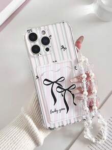 Striped Bow Tie Painted Transparent Card Holder Soft Silicone Full Coverage Protective Phone Case With Decorative Beaded Bracelet, Compatible With IPhone 17pro/17Air /17/17promax16/11/16pro/16plus/16promax/16e/15Promax/13/14/12/XS/XR/7G/8P, Galaxy, Redmi - Multicolor - View 4