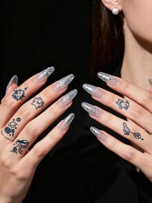 6 PCS Herbal Juice Tattoo Semi-Permanent Magic Festival Tattoos Stickers. Simple And Cute Cat, Bear, Dinosaur, Cactus, Dessert, Heart, Bow Tie, Snake, Spider Web, Elements, Flowers - "HAPPINESS". Text Pattern Of Planets. Pizza, Cocktail, Campfire, Puzzle. Valentine's Day, Carnival Gifts. Pattern. Minimalist Tattoo - Blue - View 6