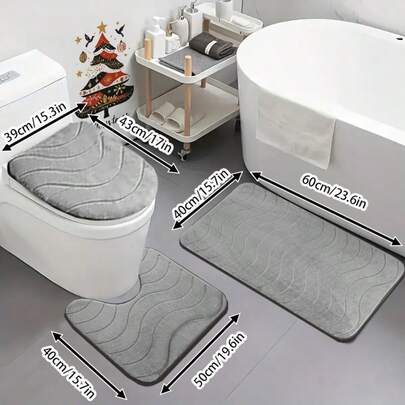 3pcs Wavy Bathroom Rug Set, Includes Bath Mat, Toilet Lid Cover, And Bathtub Mat, Soft & Comfortable