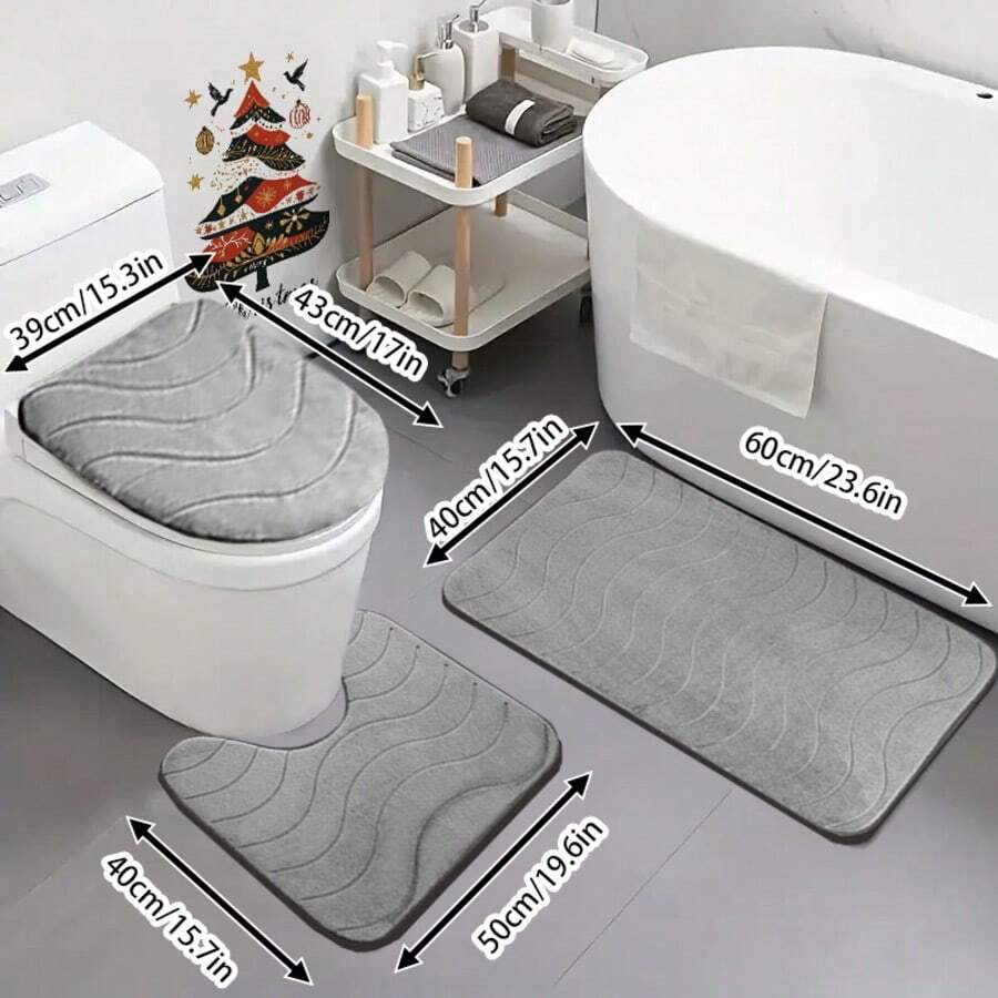 3pcs Wavy Bathroom Rug Set, Includes Bath Mat, Toilet Lid Cover, And Bathtub Mat, Soft & Comfortable, Absorbent & Non-Slip - Black - View 1