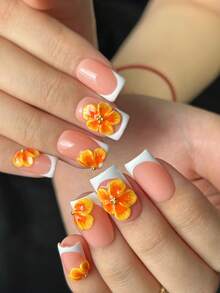 10pcs Short Square Handmade Press-On Nails, Pink Base, White French Tips, 3D Yellow Flower Carving, Simple And Cute Acrylic Nails, Suitable For Girls And Ladies' Daily, Date, Vacation, And School Nail Decorations. Includes Jelly Gel And Nail File. - Multicolor - View 6