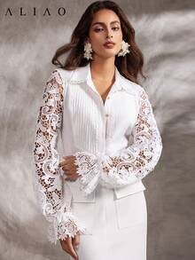 A&A 精致蕾丝刺绣镂空荷叶边长袖衬衫，全白色，适合女士早午餐装扮和返校装扮 - 白色 - 查看 1