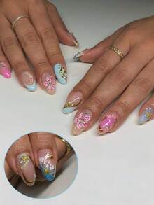 10片杏仁形手工按压式美甲贴片，樱花珍珠水钻金色法式尖头设计，可重复使用，适合婚礼、派对、花卉美甲套装、DIY长款粉色亚克力假指甲、日常佩戴 - 彩色 - 查看 10