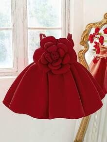 Ärmellose Mädchen Festkleid mit 3D Blumen Lagen und Volants, elegant für Geburtstagsfeiern, geeignet für Schultanz, Ausflüge, ohne Haarband - Bordeaux - Übersicht 6