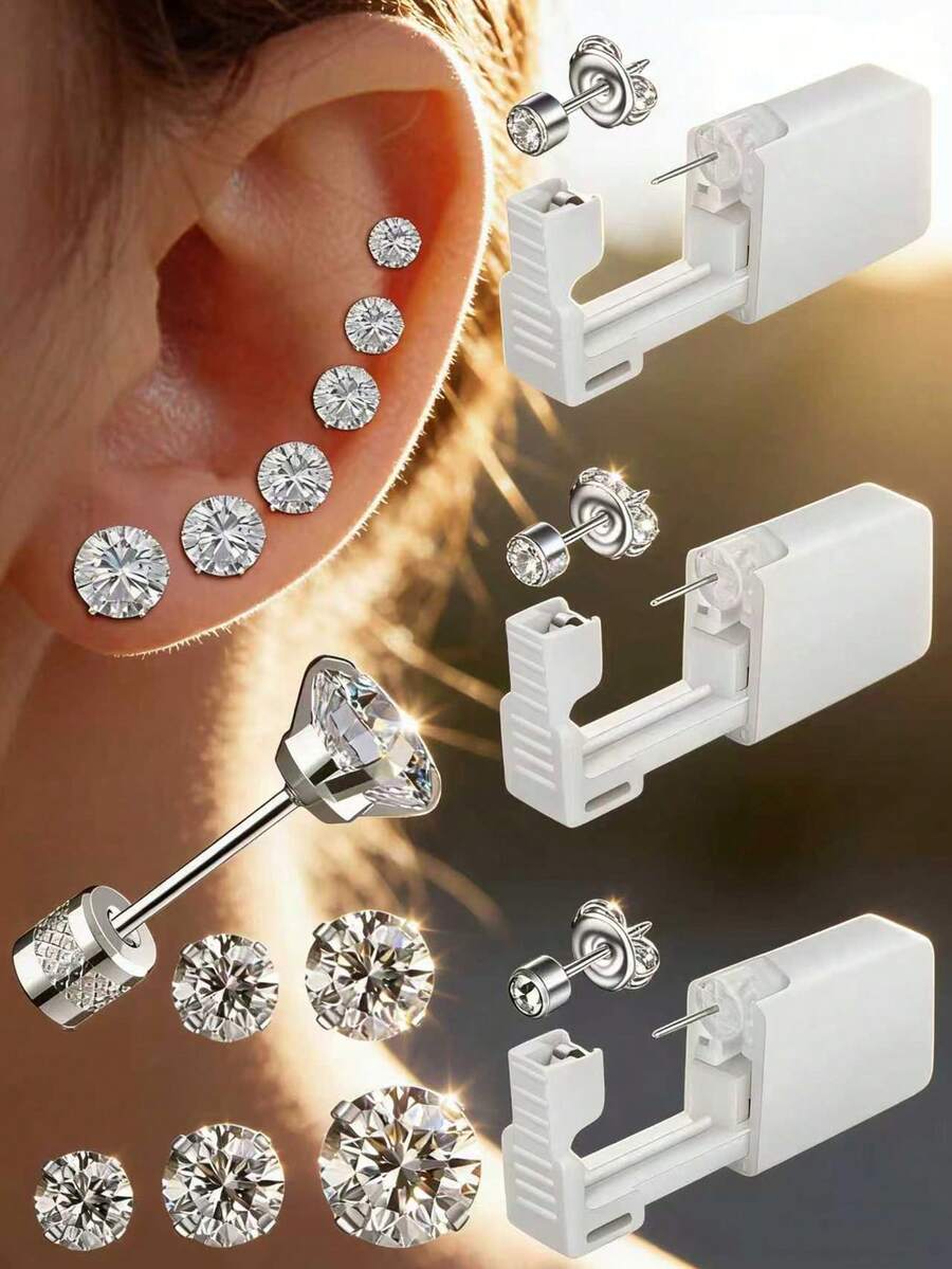 2PCS-9PCS Piercing Kit-Disposable Sterile Ear Piercing Gun Home Use Ear Piercing Tool +5pcs Silver/Golden Color Cubic Zirconia Fake Diamond CZ Flat Back Stud - Multicolor - View 1