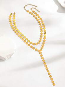 2pcs Round Disc Chain Necklace, Stainless Steel Geometric Clavicle Necklace And Y-Shaped Necklace, Fashionable Minimalist Style Suitable For Men Women Daily Wear - Gold - View 2