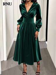 RNU Damen Pfauengrünes einfarbiges Stretch-Samt-Modekleid, V-Ausschnitt, geraffete Taille, elegante Outfits für Frauen, Herbstkleidung für Frauen, bescheidene Winterkleidung für Frauen, Party, Date, Urlaub, Lässig, Ballonkleid, rotes Geburtstagskleid, Winteroutfit, vielseitig, modisch, Originaldesign, Weihnachtskleider, Weihnachtsoutfits, dunkelgrünes Samtkleid, elegantes langes Maxikleid mit langen Ärmeln für Hochzeitsgäste
