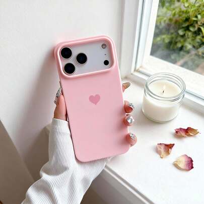 Light Pink Heart Design Liquid Silicone Phone Case - Soft Touch Cute Aesthetic Shockproof Cover Compatible With IPhone