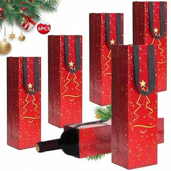 6pcs Reusable Red Wine Bottle Gift Bags, Size 13.6x3.5x3.9 Inches, Christmas Tree Pattern Design, Suitable For Christmas, Thanksgiving, Halloween And Birthday Party Bulk Use