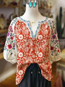 Women's Floral Boho Blouse: V-Neck Short Sleeve Top With Colorful Sleeve Detail & Blue Trim On Red And Cream For Garden Parties, Date Nights, Casual Outings And Comfortable Loungewear - Màu sắc hỗn hợp - Xem 2