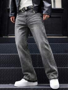 BAZR Men's Flared Jeans, Slim Fit Distressed Flare Leg Jeans, Y2K Stacked Jeans, Contrast Wash Embroidered Jeans, Suitable For All Seasons