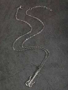 Kalung Liontin Gitar Musik Hip-Hop Eropa & Amerika, Aksesori Liontin Rantai Sweater Stainless Steel, Kalung untuk Pria - Perak - View 3