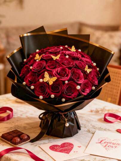 MEHELANY 25支/盒 酒红色仿真玫瑰花，带茎，纸质包装，皂花，仿真花束，适合情人节、母亲节、生日、周年纪念日、家居婚礼装饰、派对餐桌、户外花园、毕业典礼装饰，送给女性、女士、女孩、妈妈的最佳鲜花礼物