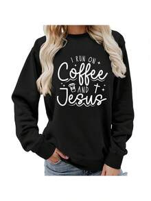 Women'S Coffee Print Crew Neck Sweatshirt - Soft Long Sleeve Pullover With "I Run On Coffee " Slogan, Cozy Casual Fall Winter Sweater For Home, Dates & Daily Outfits, Christian Faith Apparel, Relaxed Fit Round Neck Topgifts For Mom-Free Shipping - 黑色 - 查看 6