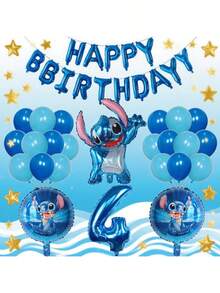 史迪奇主题铝箔气球和蓝色乳胶气球套装，生日派对和节日必备装饰 - 彩色 - 查看 16