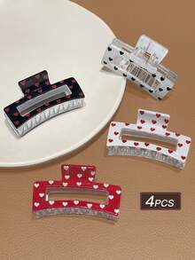 4个/套女士发爪夹，多色可选，时尚优雅，可爱心形设计，中号方形半爪发夹，适合日常佩戴和节日派对，女士发饰，情人节礼物，情人节配饰礼品 - 彩色 - 查看 7