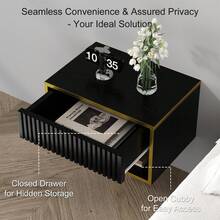 Floating Nightstand Set Of 2, Night Stand With Open Shelf And Fluted Drawer, Modern Wall Mounted Bedroom Furniture, Gold Border Side Table, Room Deocr, White/ Black - 黑色 - 查看 5