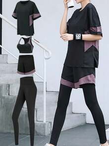 Conjunto minimalista feminino para fitness com 4 peças: Top esportivo para yoga, camiseta folgada para corrida, legging justa, shorts casuais para ciclismo, roupa para academia. - Roxa - Ver 9
