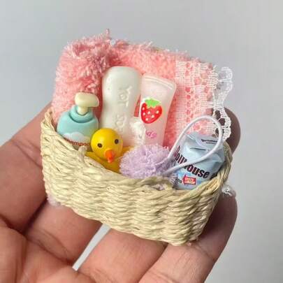 1 Set de decoración de baño en miniatura, incluye toalla, esponja de baño, combinación de modelo de jabón, adornos de modelo, accesorios de fotografía de escena de baño pequeña, adecuado para regalos navideños